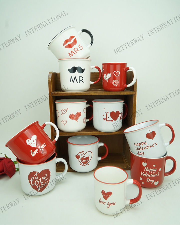New bone china coffee mug with love design, handle & rim with red/white colo