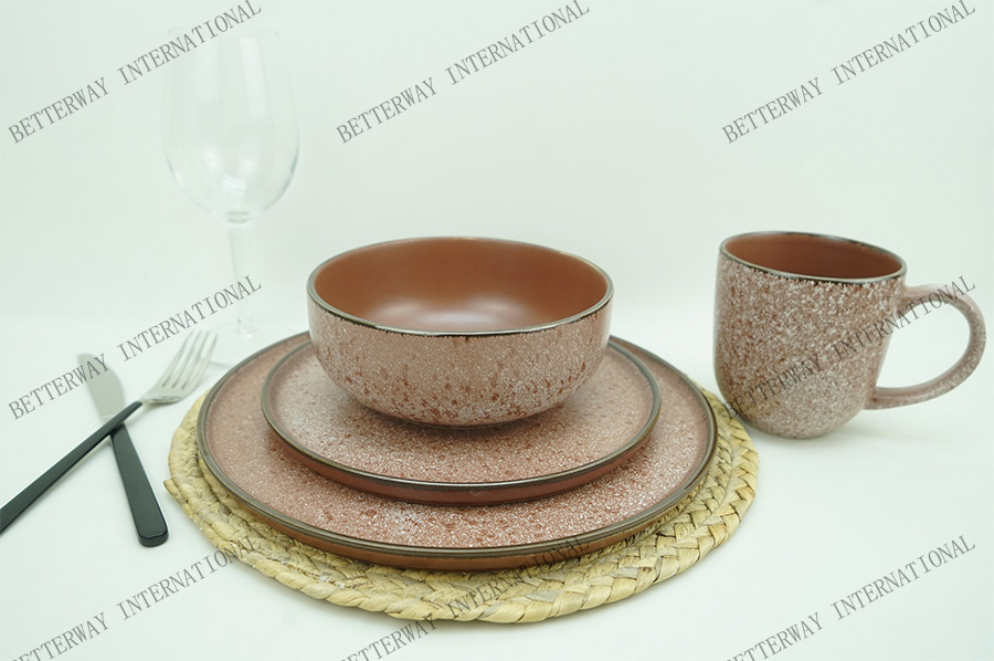 Stoneware dinnerware solid matte color with reactive glaze with brown rim