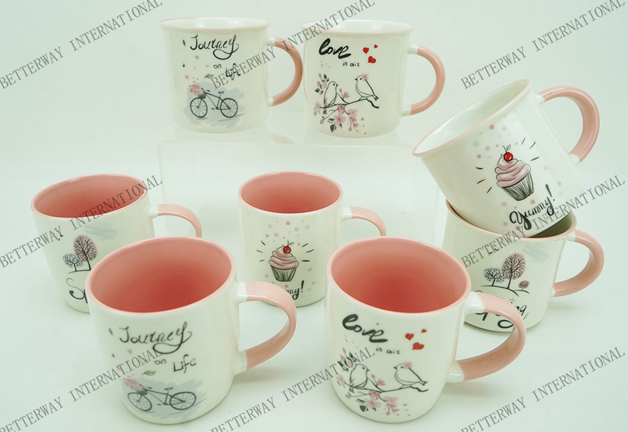 New bone china coffee mug inside pink color outside with happy life design