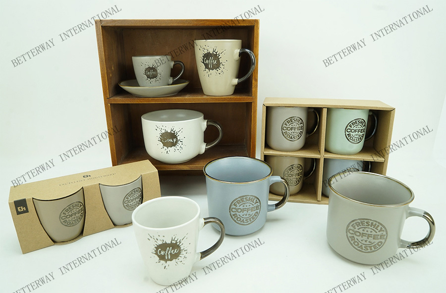 Stoneware mug with metallic engraved coffee pattern, handle with metallic glaze