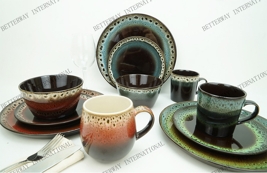 Stoneware dinnerware with leopard print reactive glaze