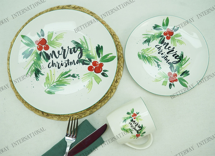 New bone china dinnerware with Christmas design & green rim