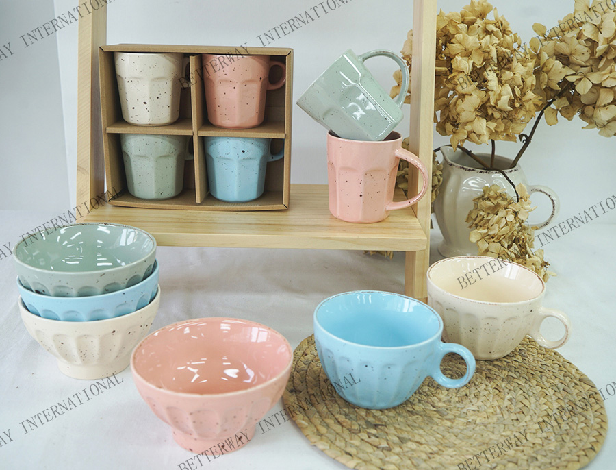 New bone china mug & bowl solid pastel color with black speckle pattern