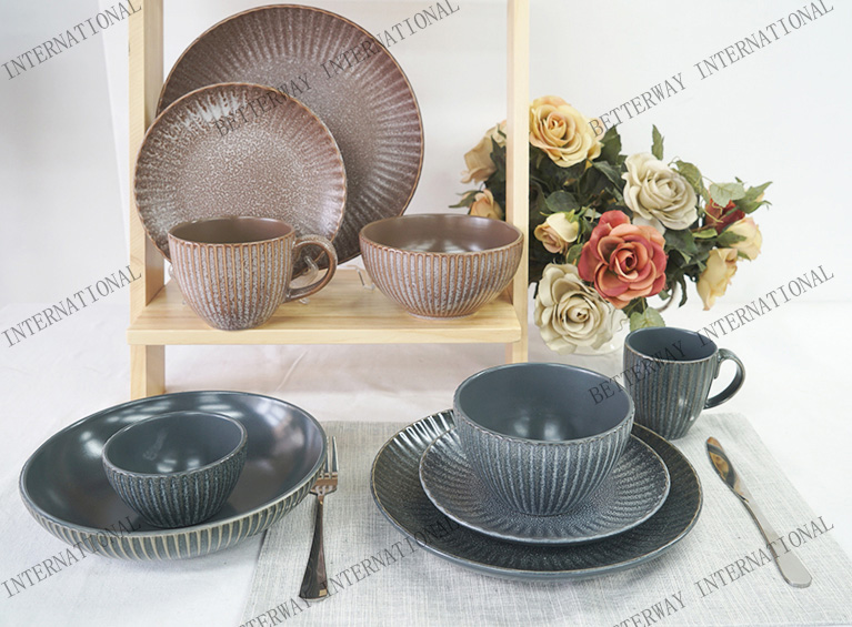 Stoneware embossed dinnerware solid reactive glaze & white speckle pattern