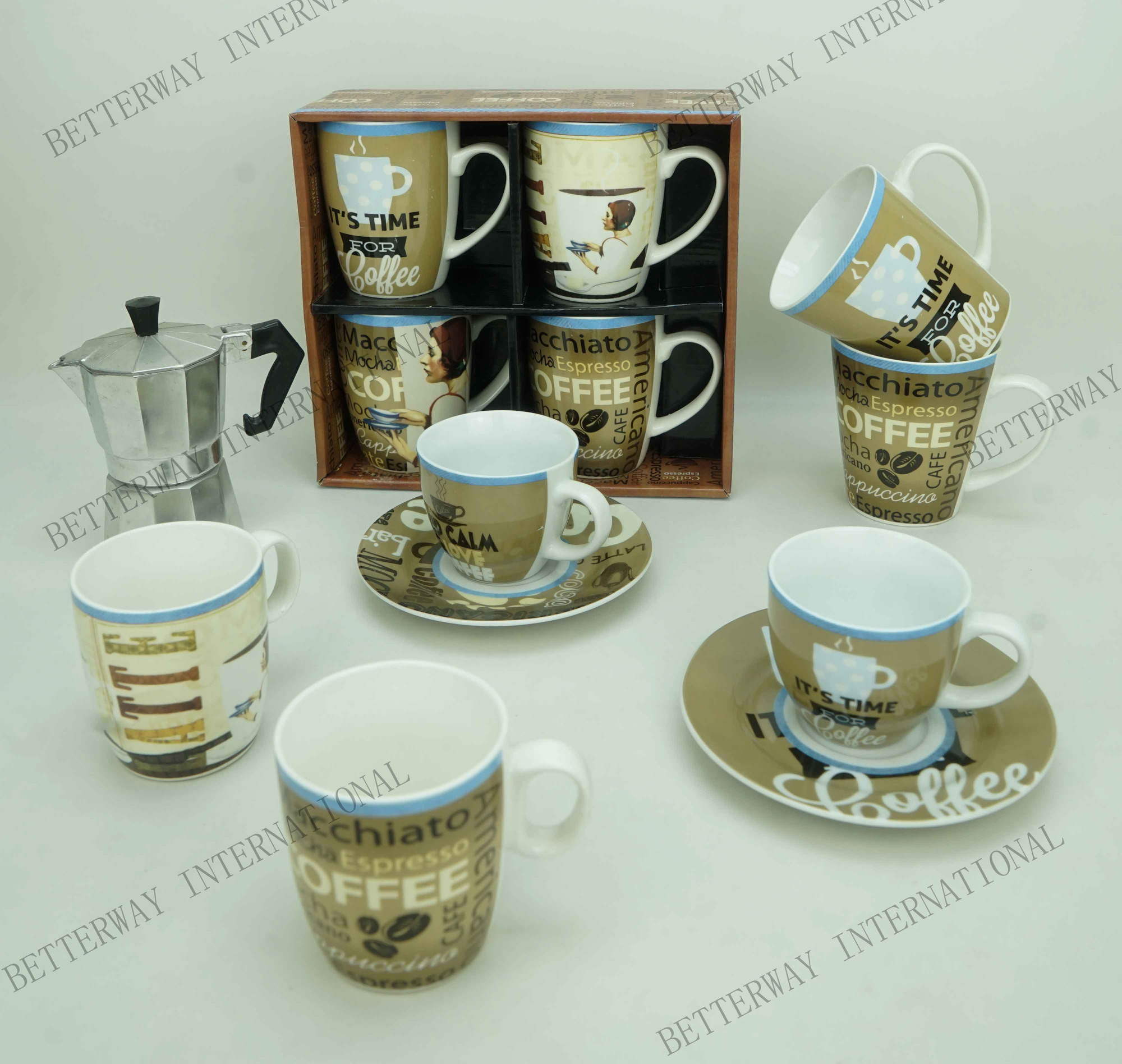 New bone china mug, cup & saucer with coffee design