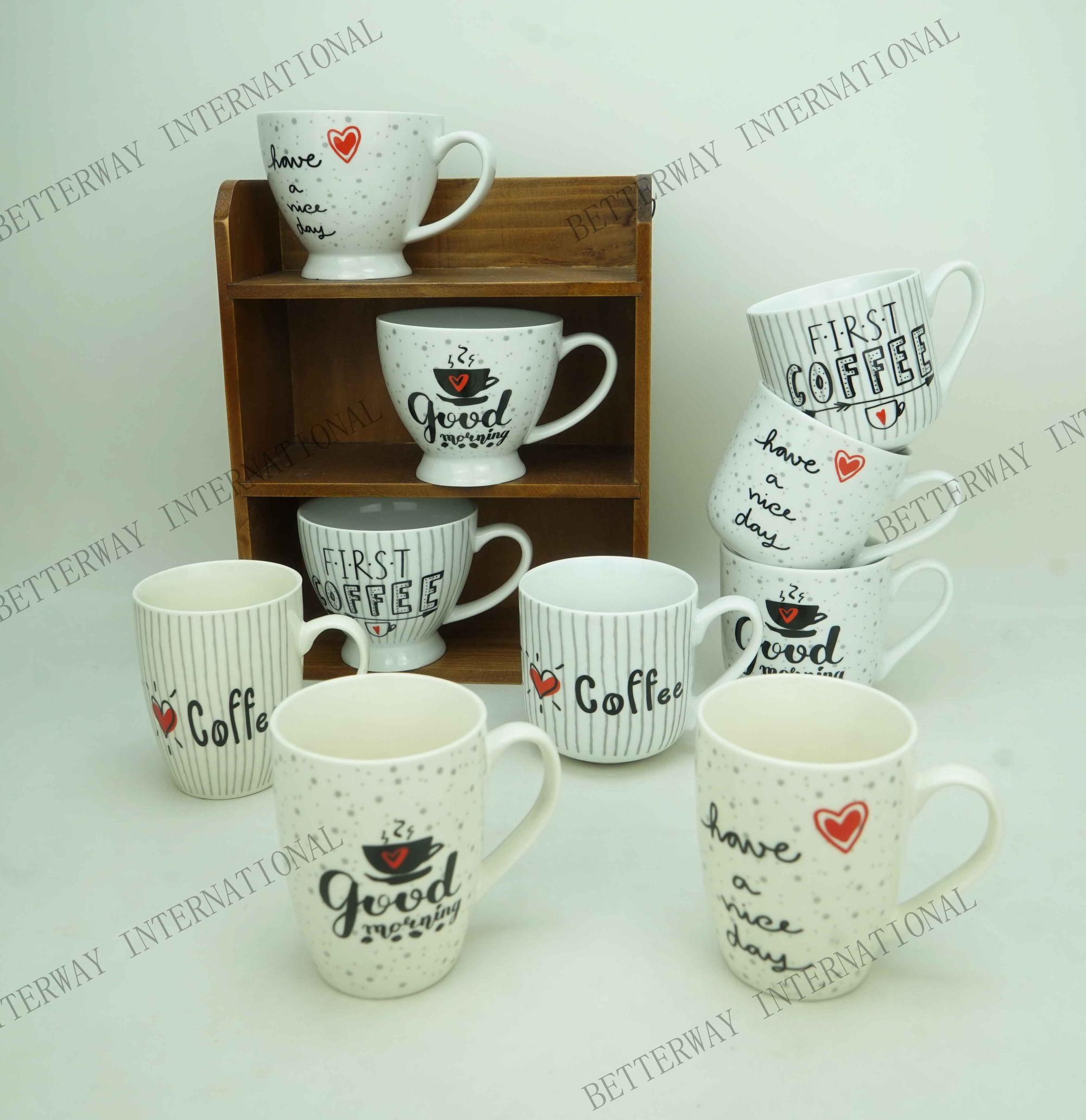 Porcelain mug with black coffee words design