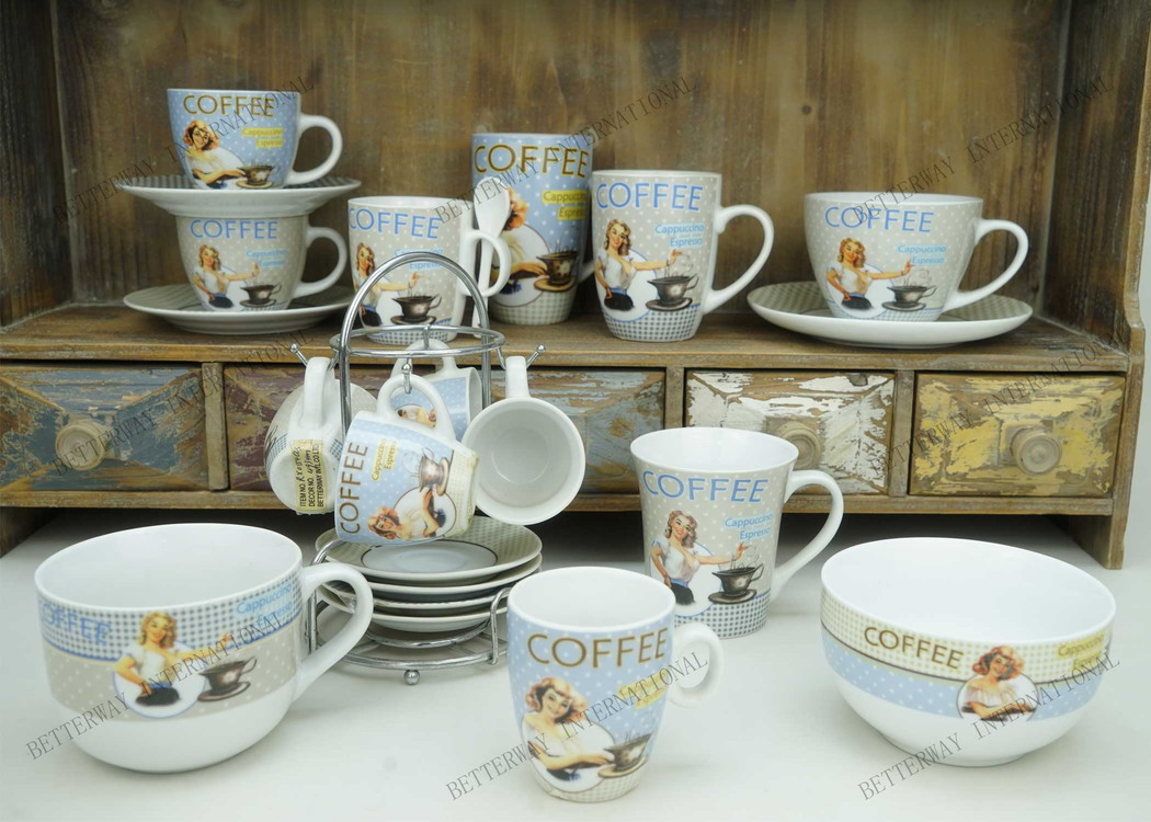 Porcelain different mugs with vintage coffee design