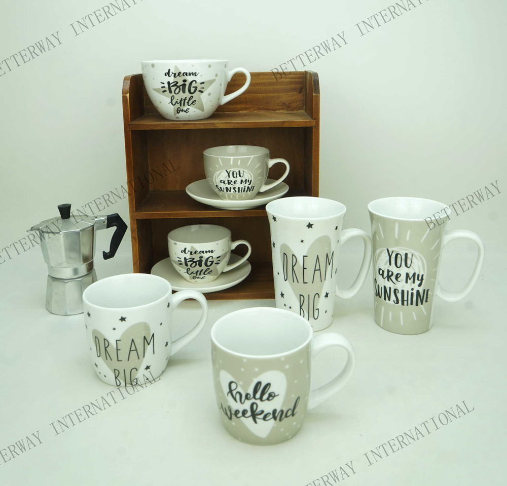 Porcelain coffee mug with light grey background & black words design