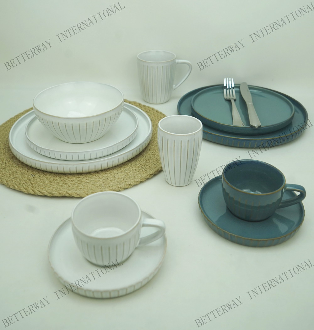 Stoneware dinnerware outside embossed rib with reactive glaze