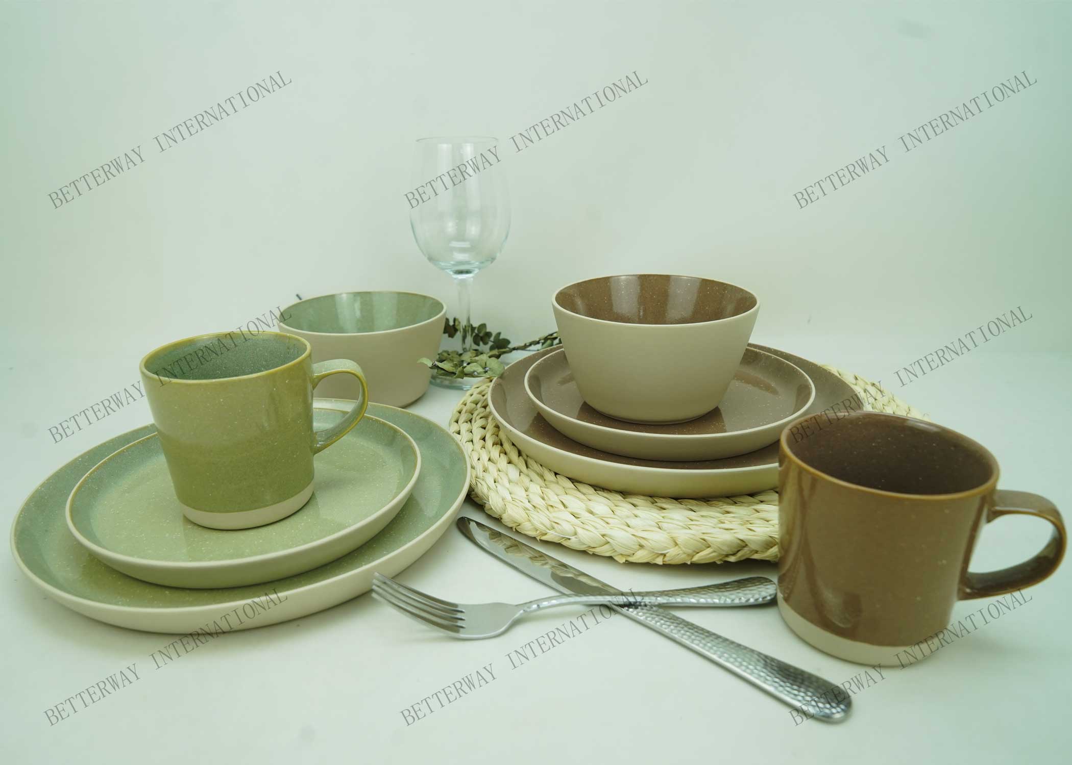 Stoneware dinnerware inside with reactive glaze outside with matte stone glaze