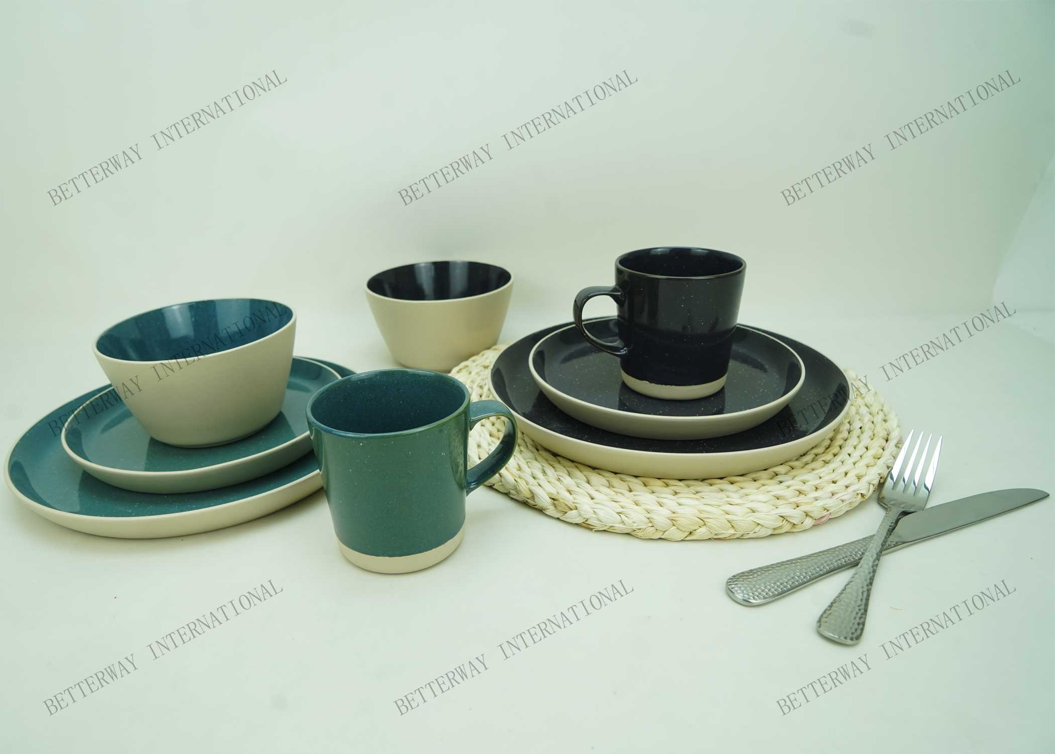 Stoneware dinnerware inside with reactive glaze outside with matte stone glaze