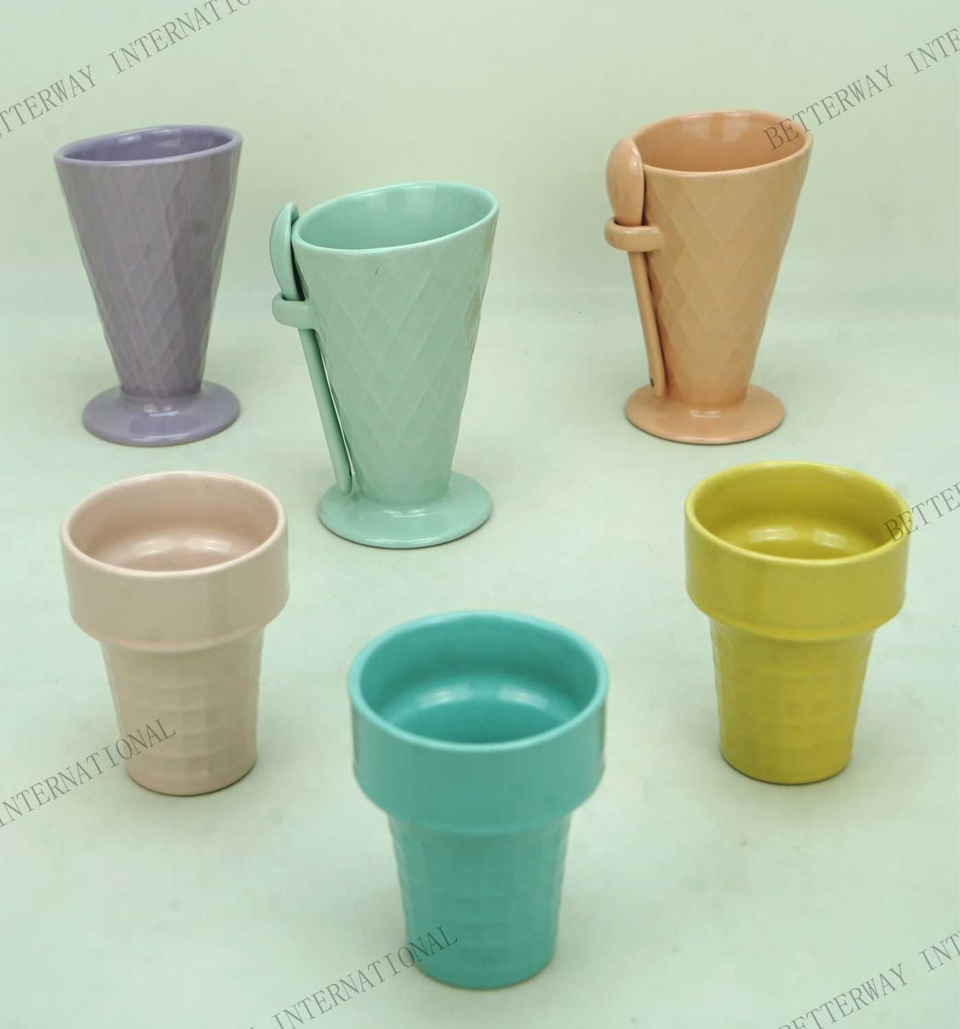 Stoneware embossed ice cream cup solid color