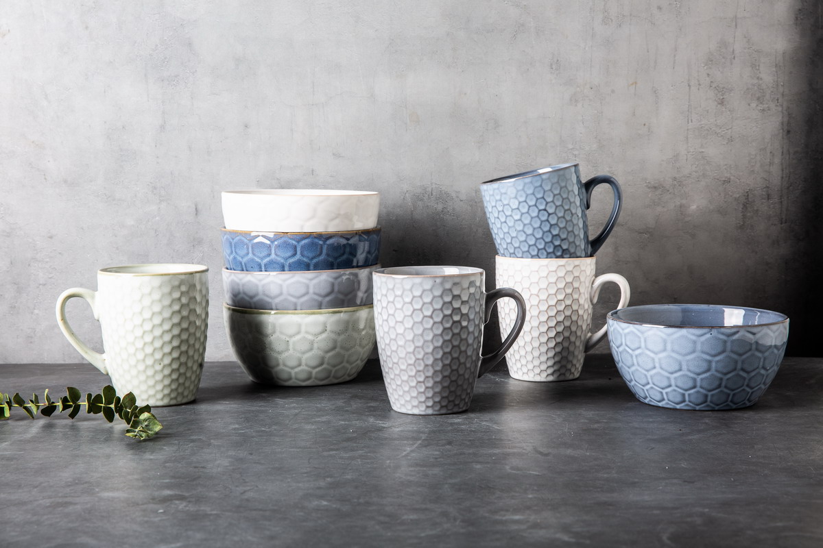 stoneware reactive mug bowl set embossed pattern