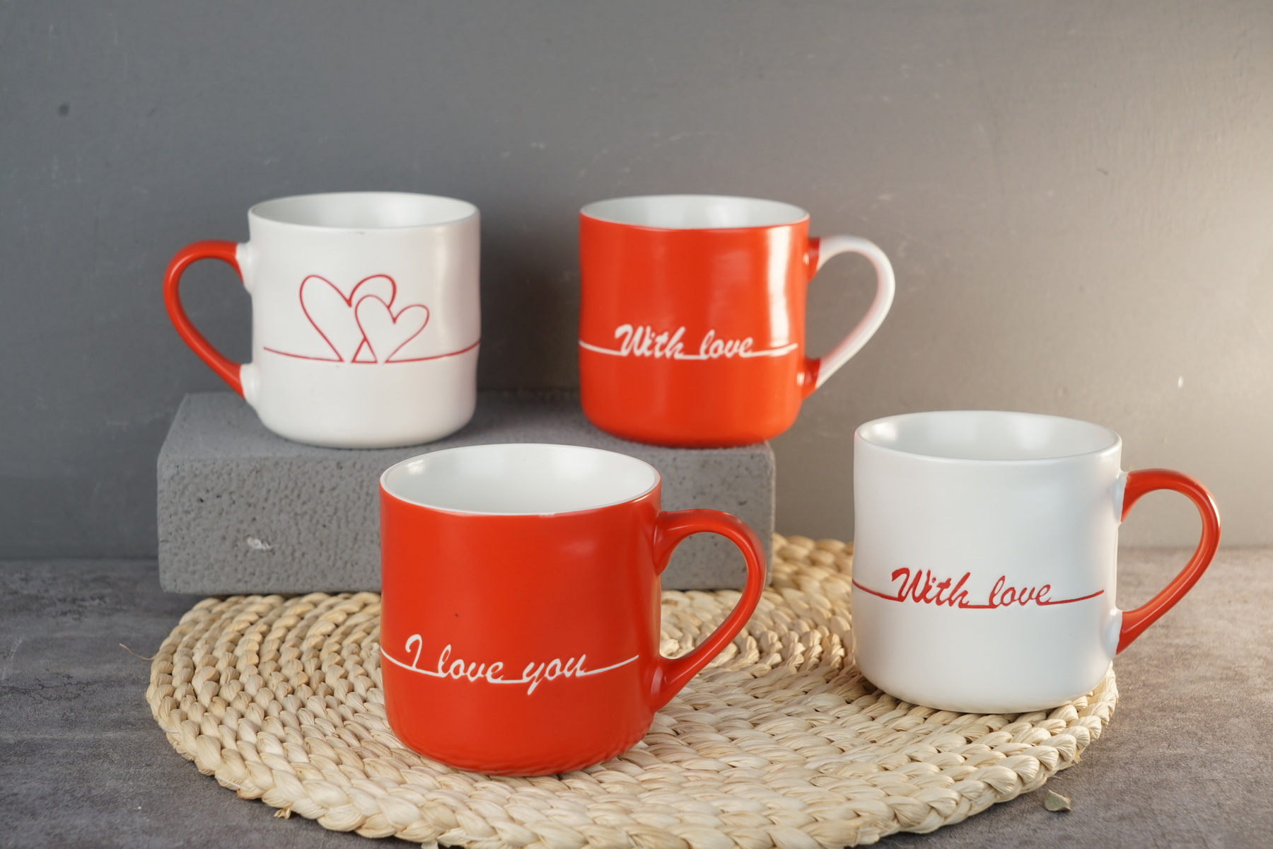 new bone china mug set red white mug embossed with love design