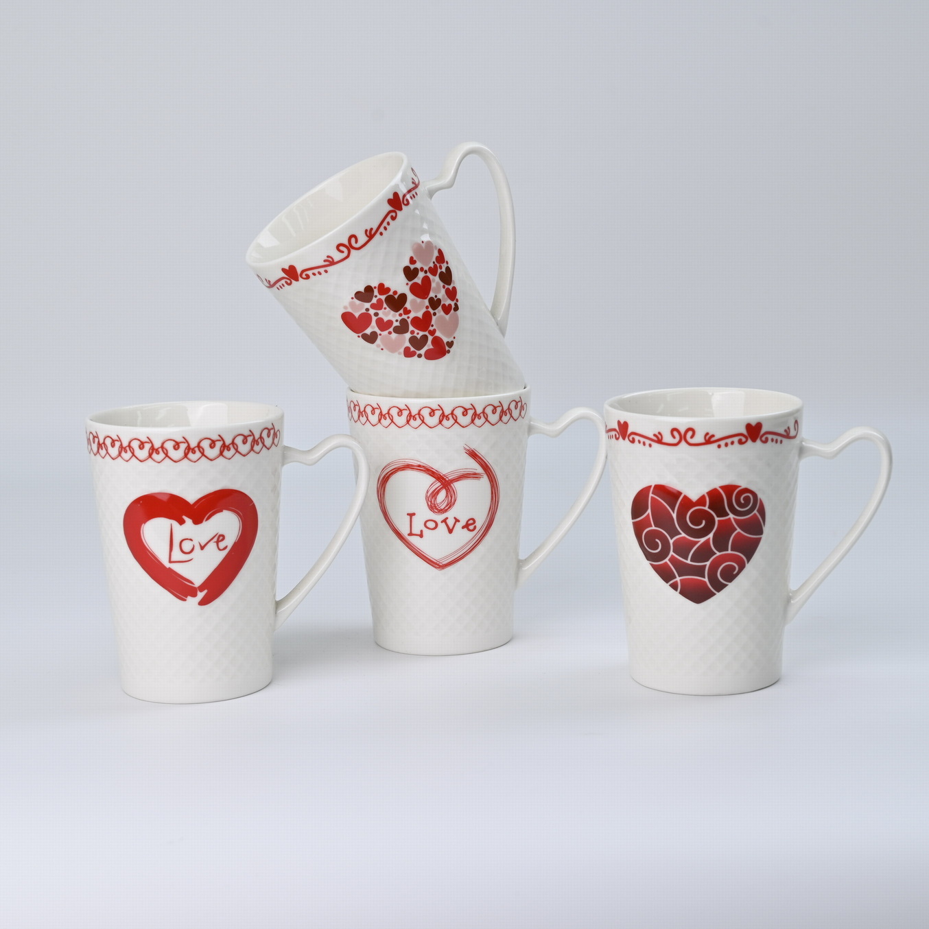 new bone china conical mug with heart shape handle with valentine design