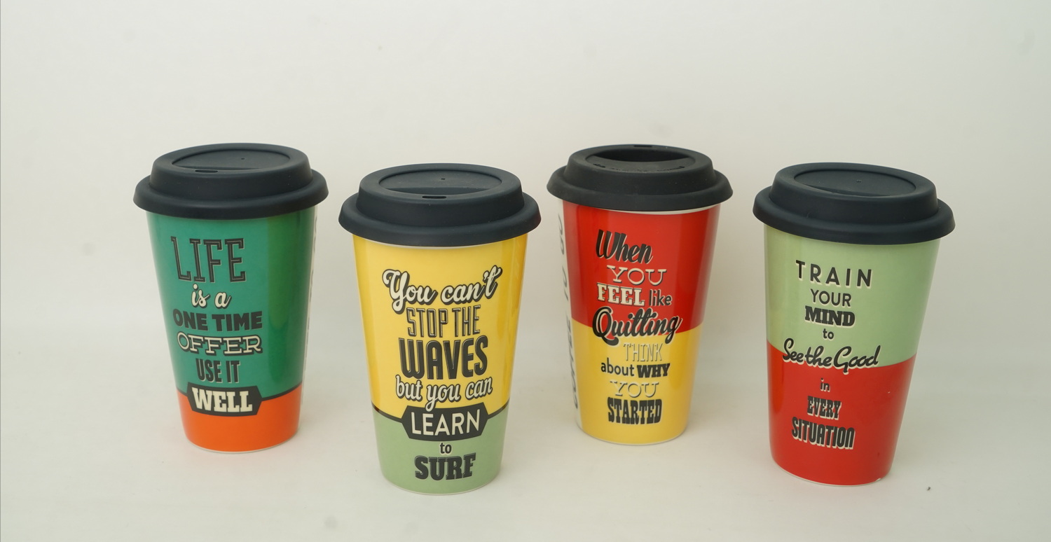 porcelain take away mug with silicon lid coffee design