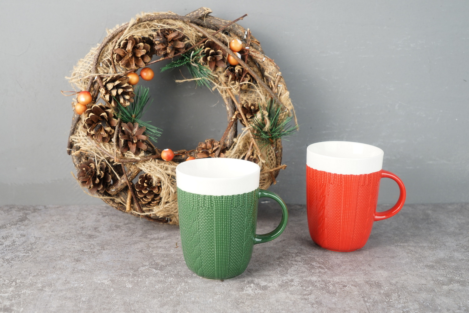stoneware red white green Christmas mug embossed knitting pattern