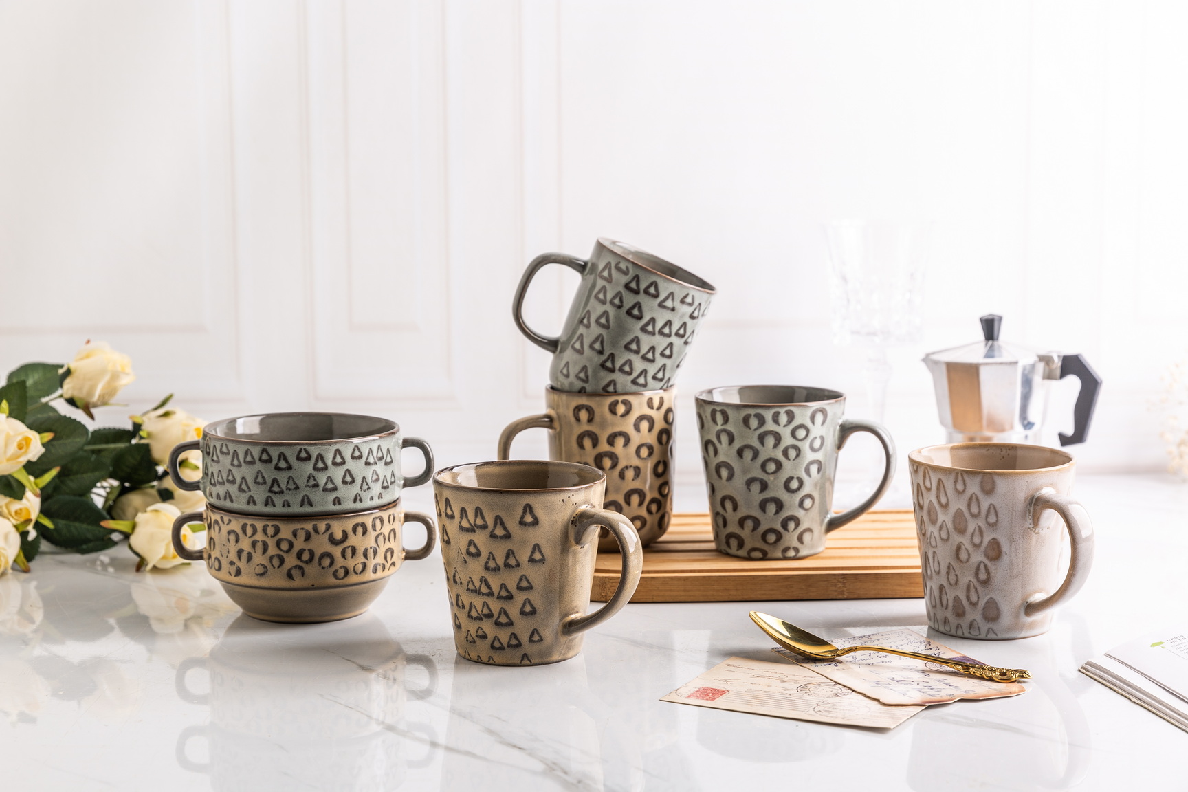 stoneware mug bowl set reactive glaze embossed pattern