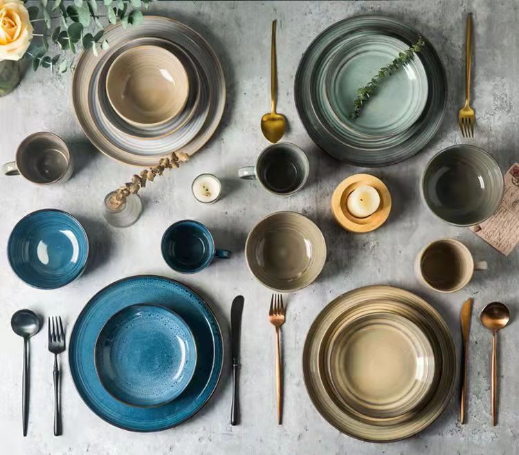 Stoneware dinnerware set reactive glaze embossed lines