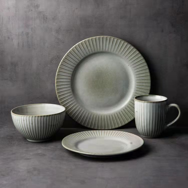 Stoneware dinnerware set reactive glaze embossed lines