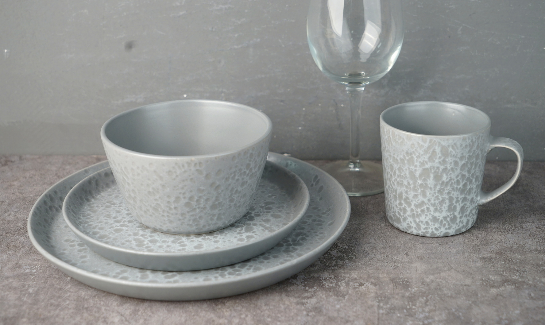 stoneware dinnerware set reactive glaze grey color