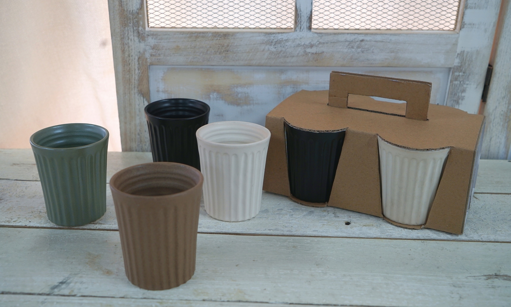 stoneware mug set reactive glaze embossed lines