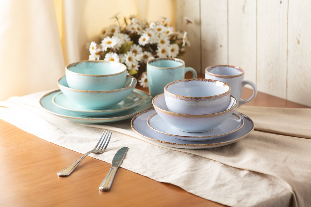 stoneware dinnerware set reactive glaze green white color