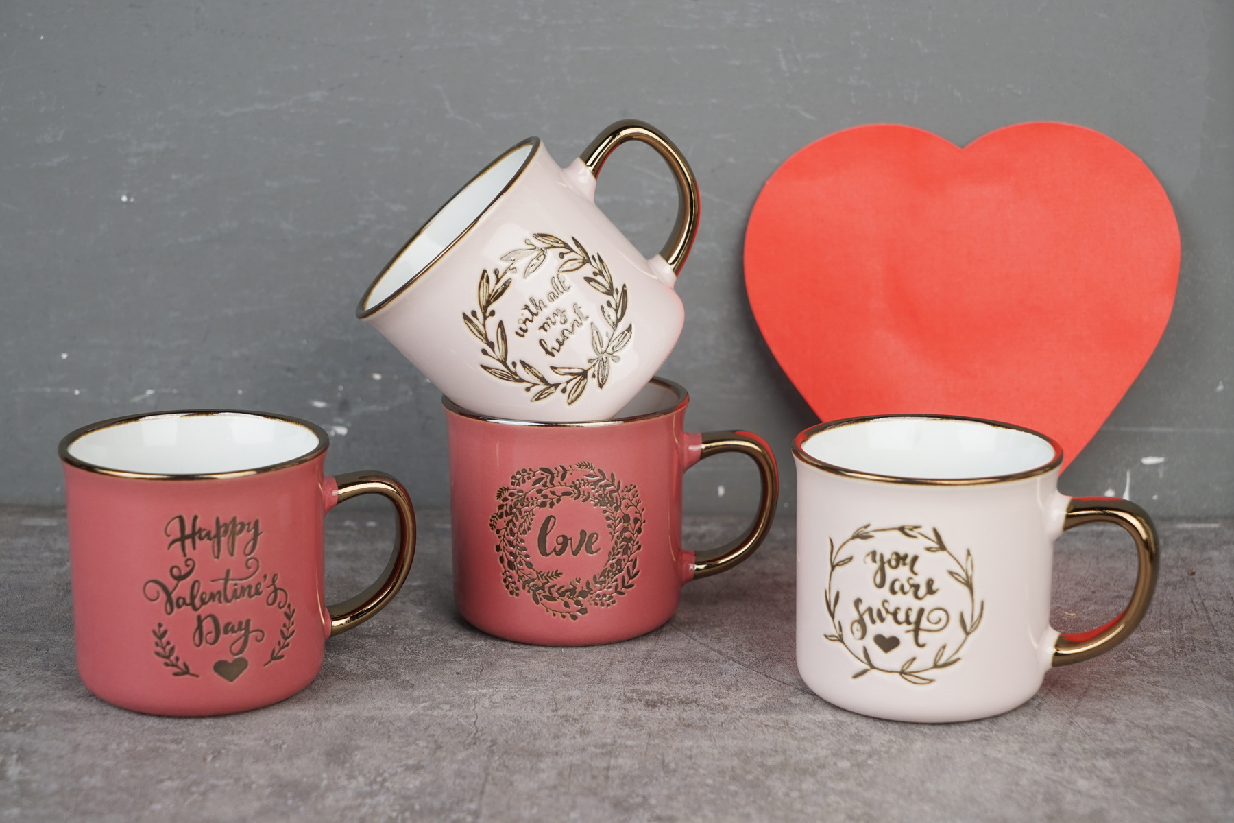 stoneware love mug set embossed metallic pattern BH828