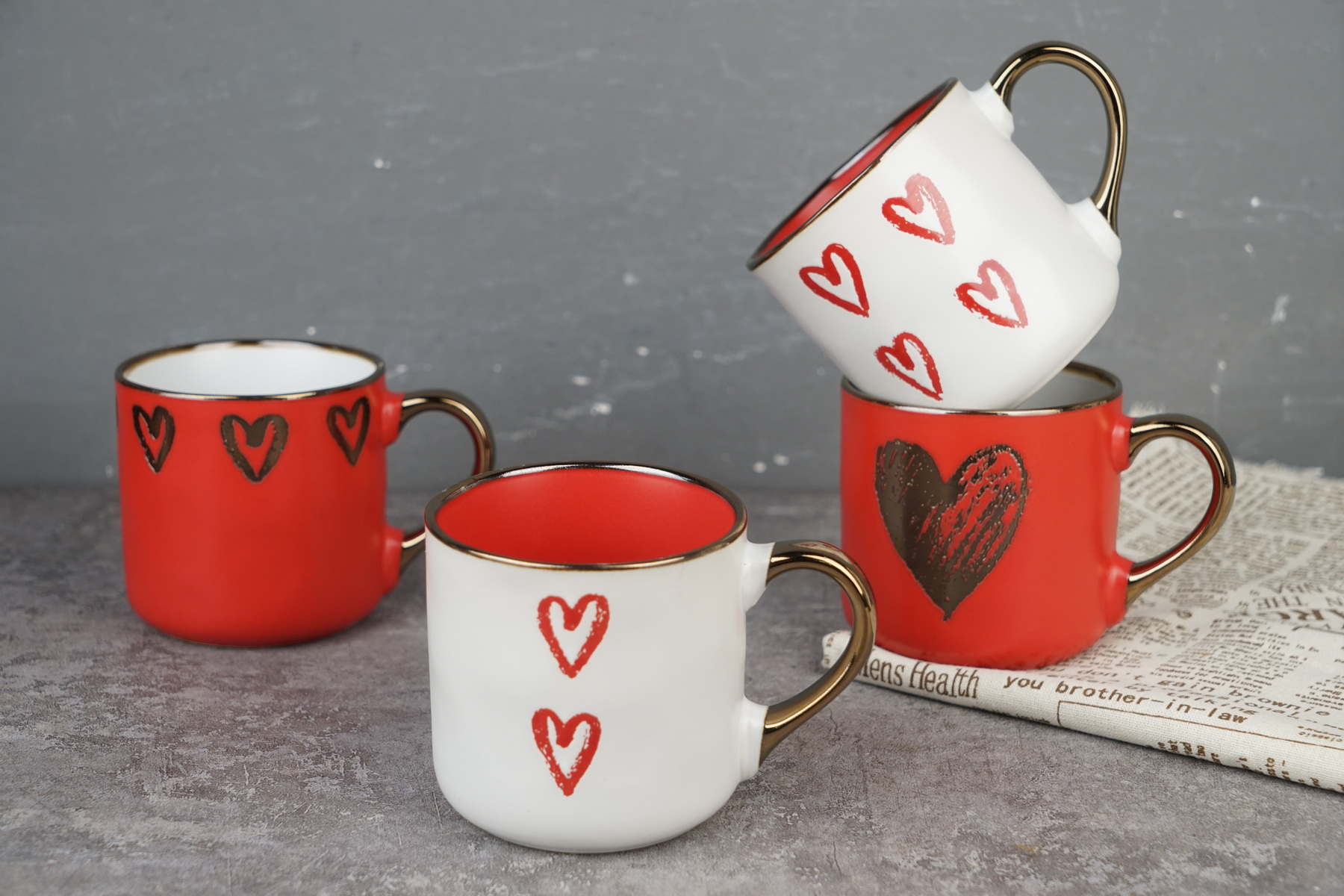 stoneware love mug set embossed metallic pattern BH829