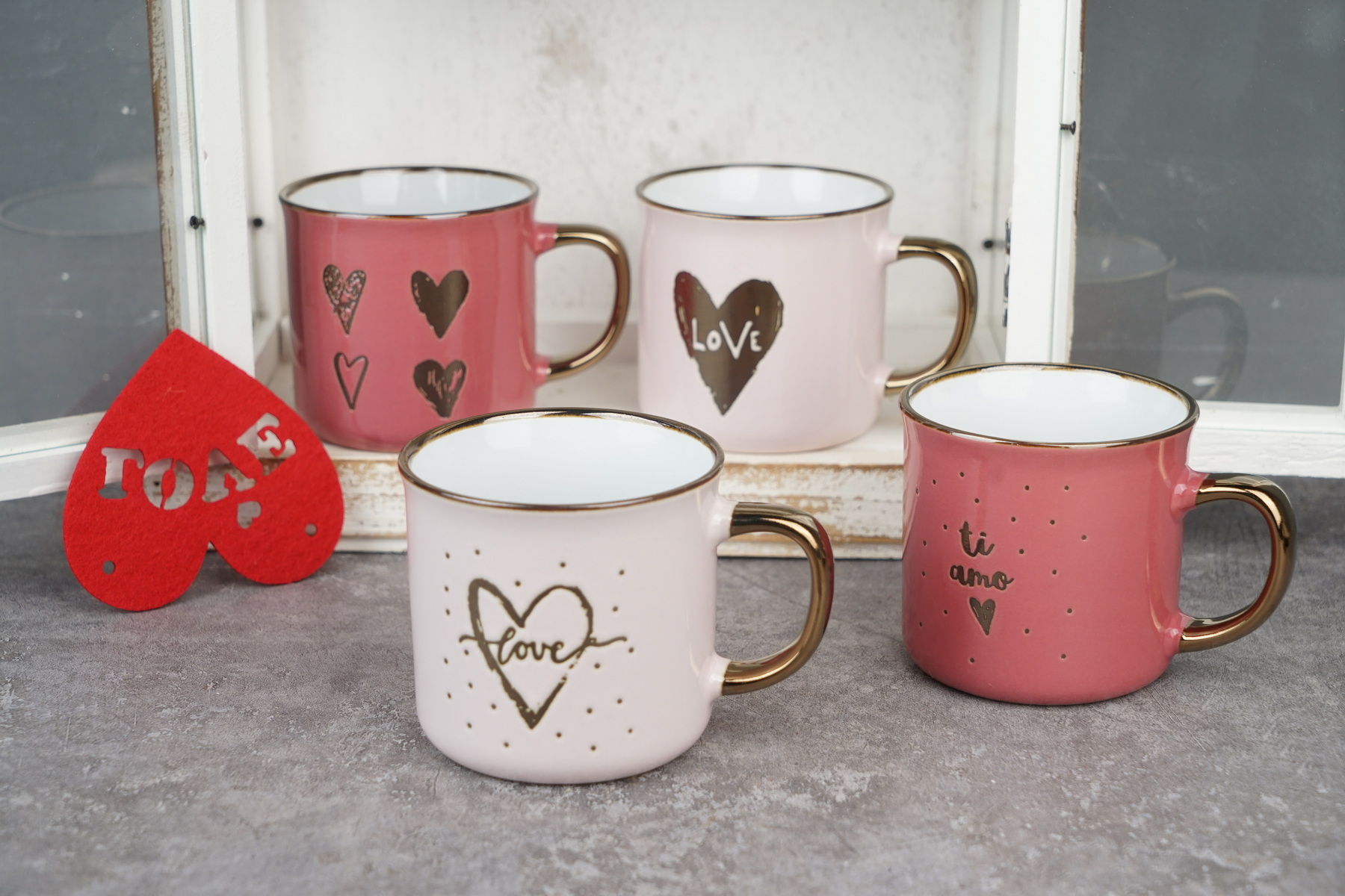 stoneware love mug set embossed metallic pattern BH830