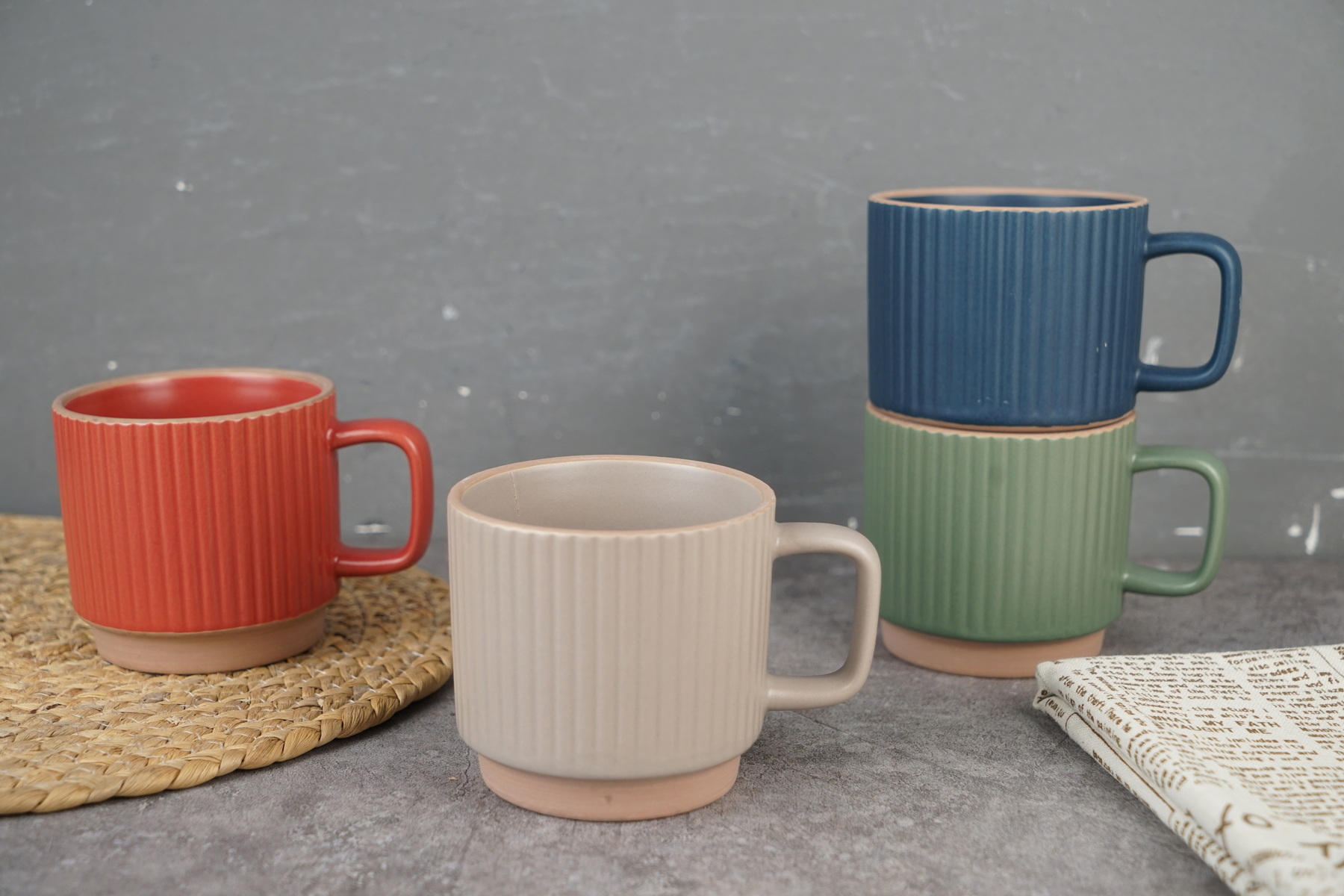 stoneware stackable mug embossed with lines LS067