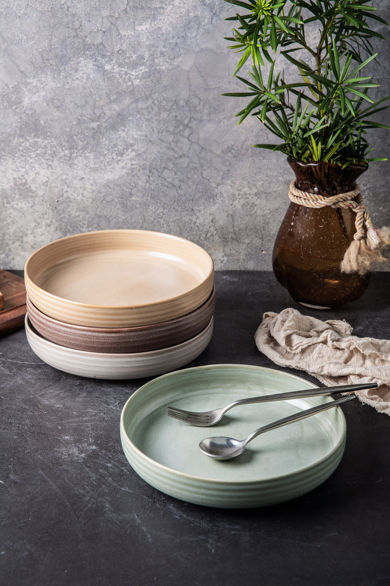 Stoneware bowl set matte reactive glaze embossed lines YX076