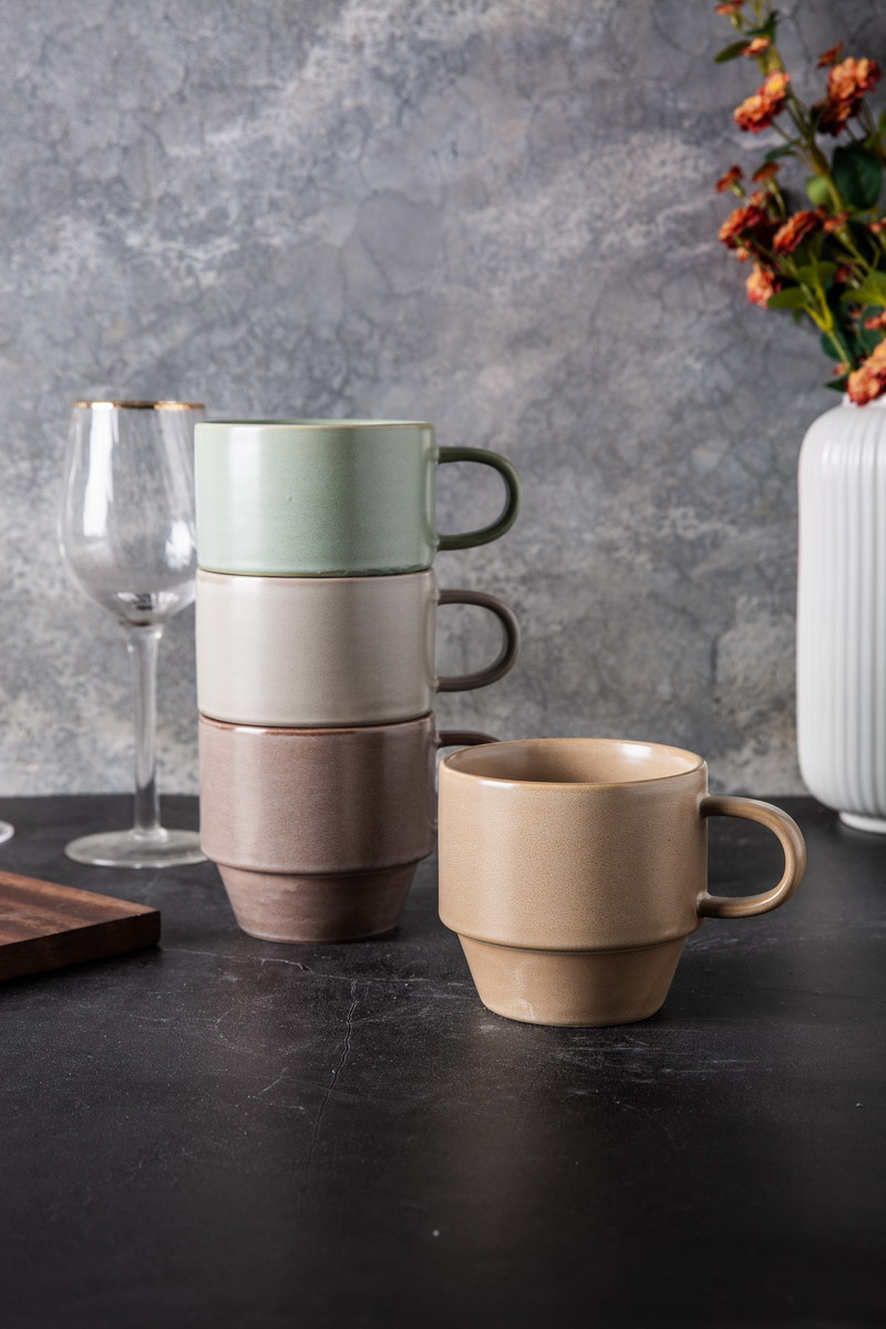 Stoneware stackable mug set matte reactive glaze embossed lines YX077