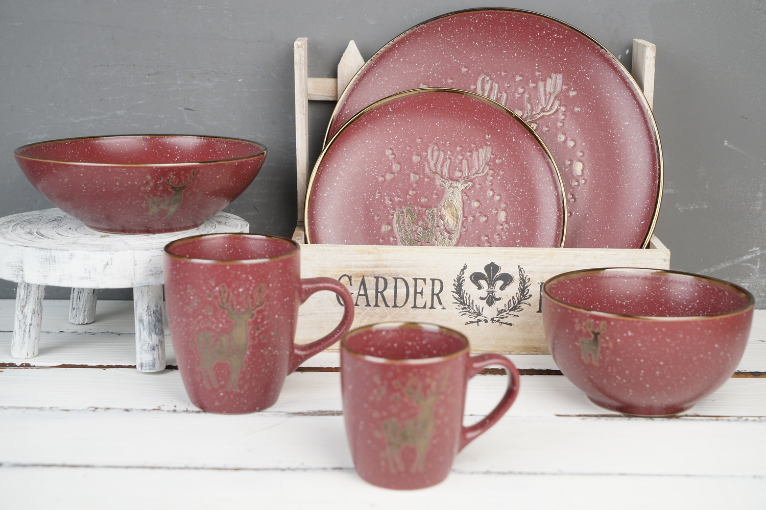 stoneware matt speckle glaze with engraved print dinnerware set BH838
