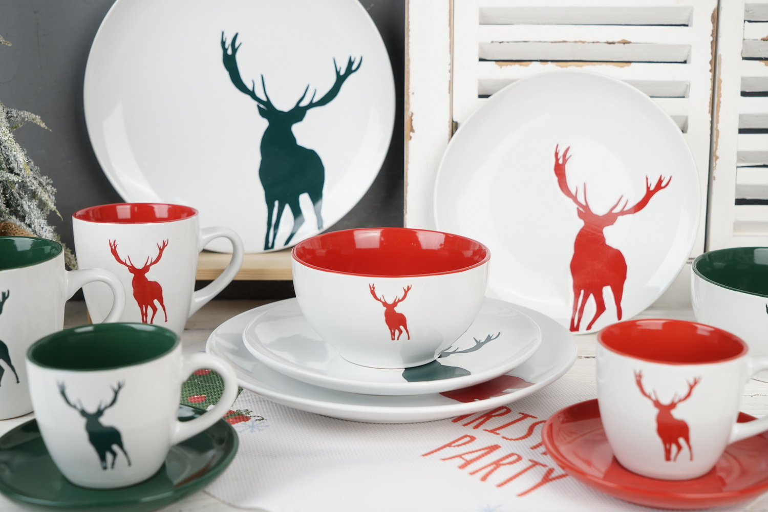 stoneware dinnerware set engraved Christmas deer LS138